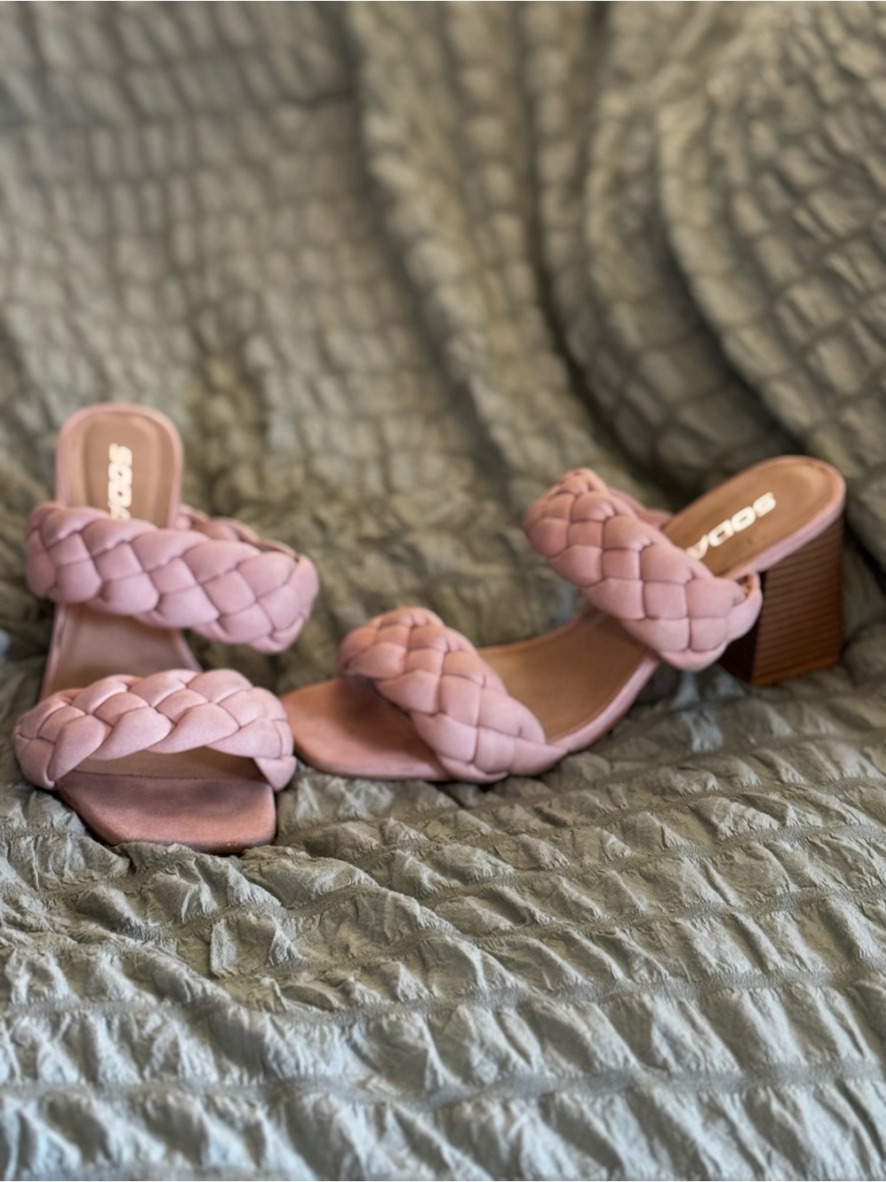 Soda Braided Double-Strap Block Heel Sandals in Mauve Pink